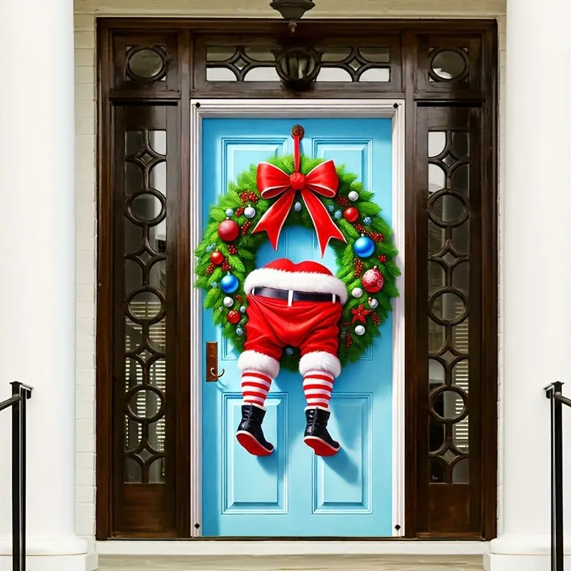 1pc Festive Modern Polyester Santa Claus Wreath - Durable 35.4"x70.9" Door Hanging Decoration for Indoor & Outdoor, New Year's Festive Decor, No Power Needed