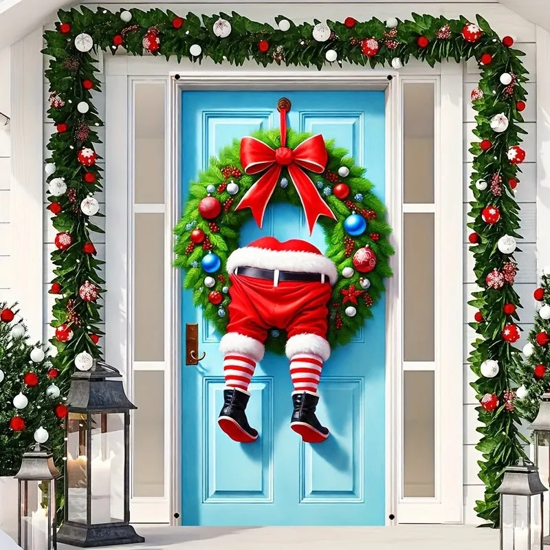 1pc Festive Modern Polyester Santa Claus Wreath - Durable 35.4"x70.9" Door Hanging Decoration for Indoor & Outdoor, New Year's Festive Decor, No Power Needed