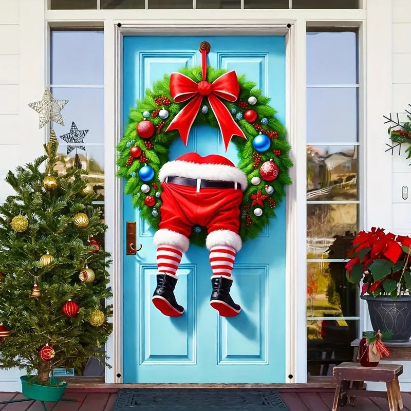 1pc Festive Modern Polyester Santa Claus Wreath - Durable 35.4"x70.9" Door Hanging Decoration for Indoor & Outdoor, New Year's Festive Decor, No Power Needed