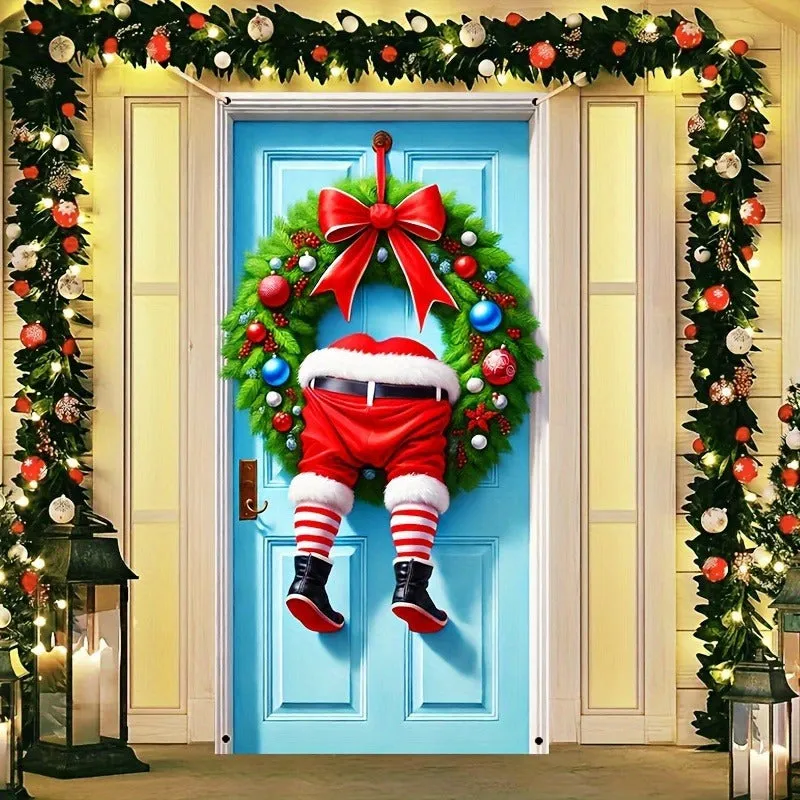 1pc Festive Modern Polyester Santa Claus Wreath - Durable 35.4"x70.9" Door Hanging Decoration for Indoor & Outdoor, New Year's Festive Decor, No Power Needed