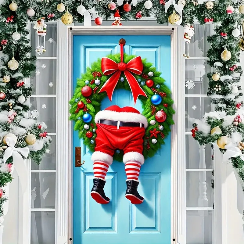 1pc Festive Modern Polyester Santa Claus Wreath - Durable 35.4"x70.9" Door Hanging Decoration for Indoor & Outdoor, New Year's Festive Decor, No Power Needed