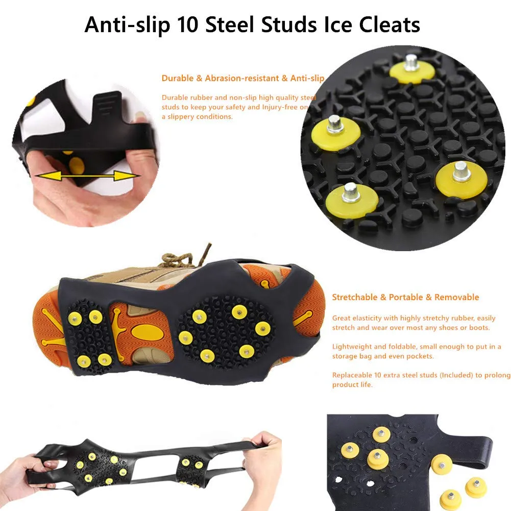 Aerexier Ice Cleats Snow Grips - Anti-Slip Crampons Traction Cleats Ice & Snow Grippers 10 Steel Studs for Women Men Kids’ Shoes and Boots (Extra 10 Studs) Small [Women(5-7)/Men(3-5)]
