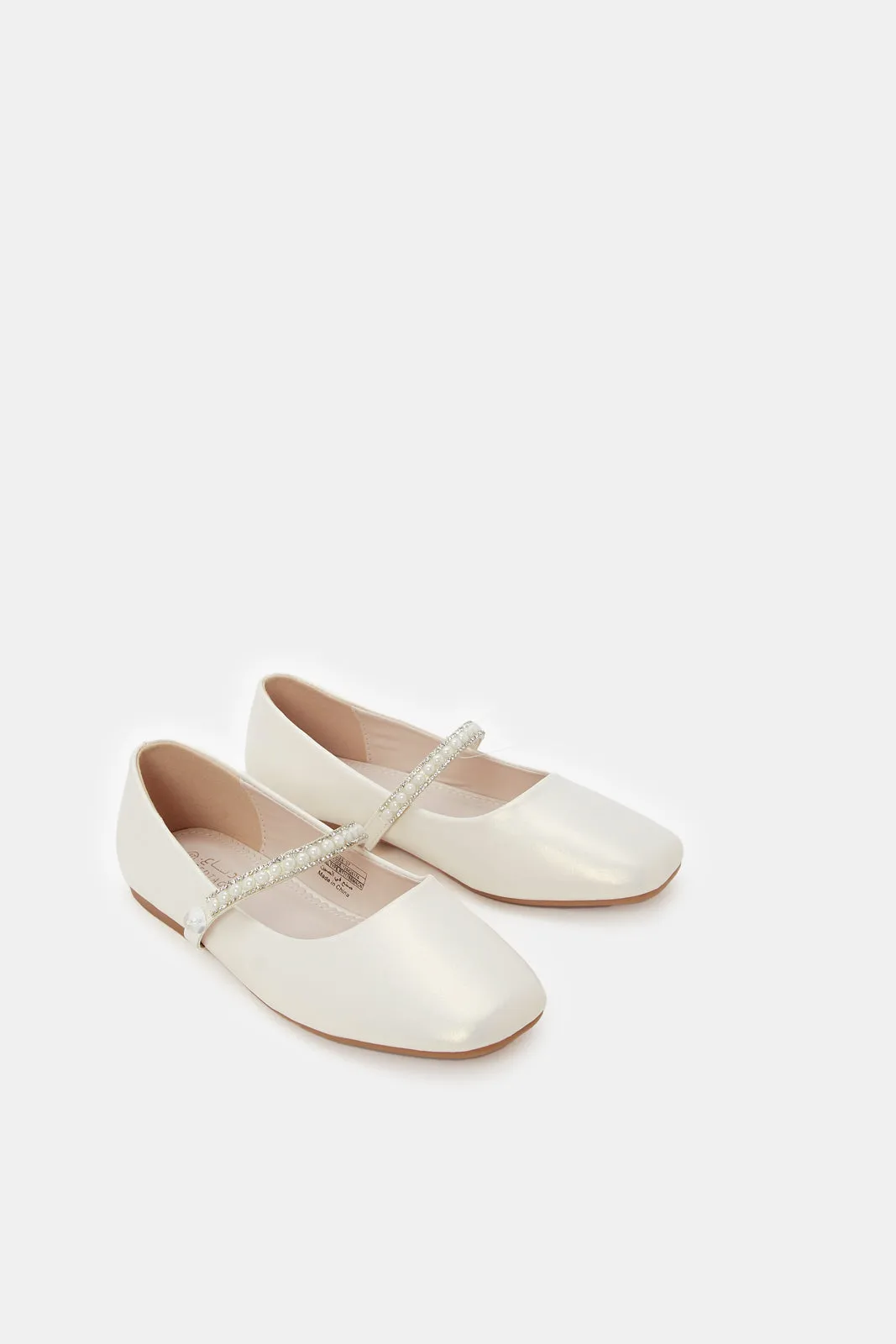 Girls Cream Pearl Strap Ballerina
