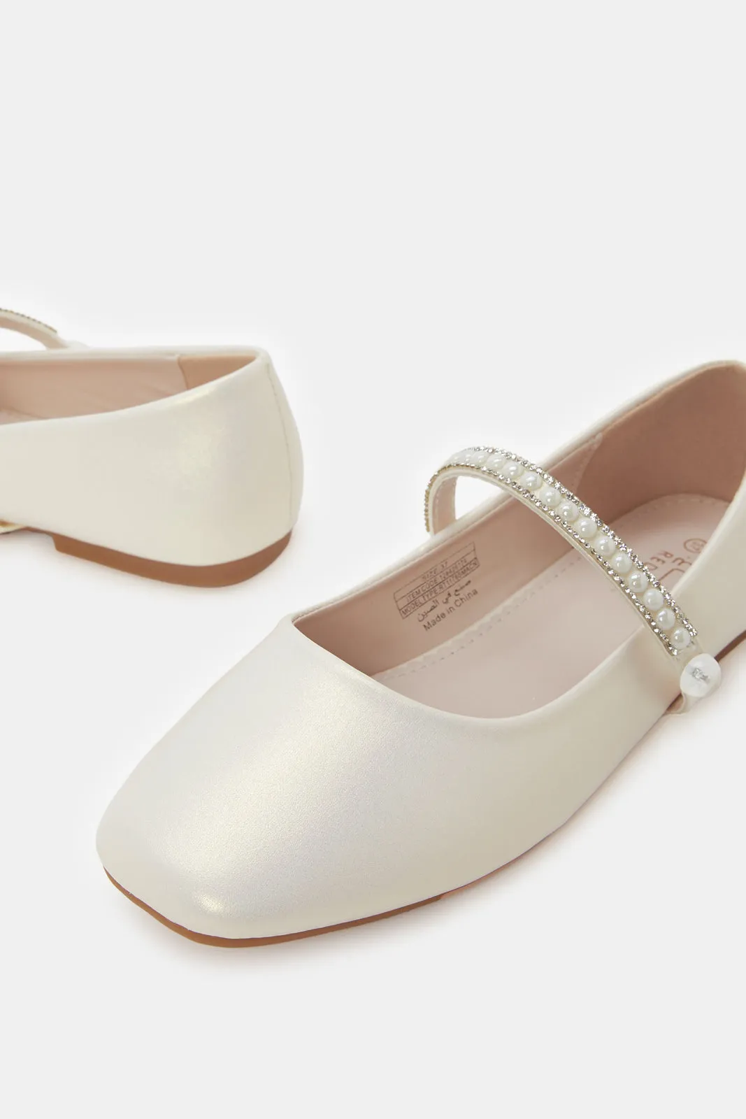 Girls Cream Pearl Strap Ballerina