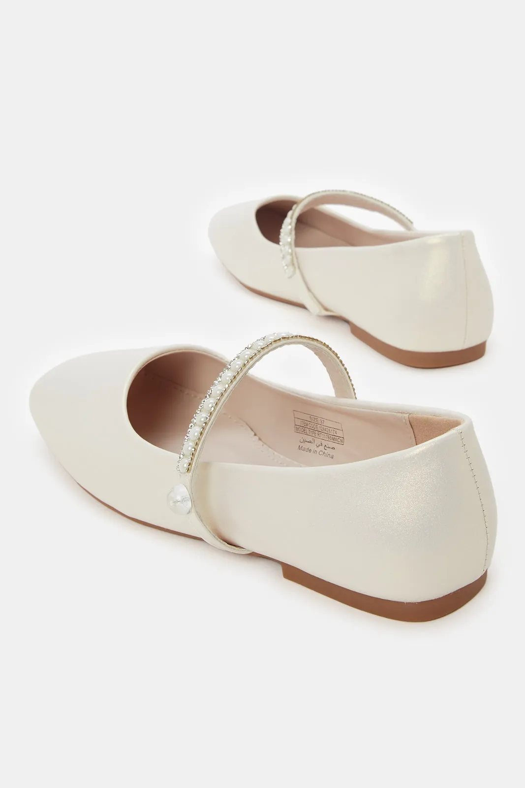 Girls Cream Pearl Strap Ballerina