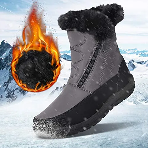 gracosy Snow Boots for Women, Warm Ankle Boots Waterproof Outdoor Slip On Fur Lined Winter Short Booties Anti-Slip Comfort Zipper Shoes Grey 8 Women