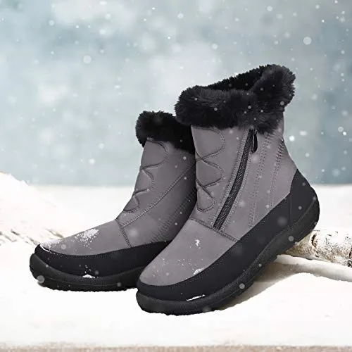 gracosy Snow Boots for Women, Warm Ankle Boots Waterproof Outdoor Slip On Fur Lined Winter Short Booties Anti-Slip Comfort Zipper Shoes Grey 8 Women