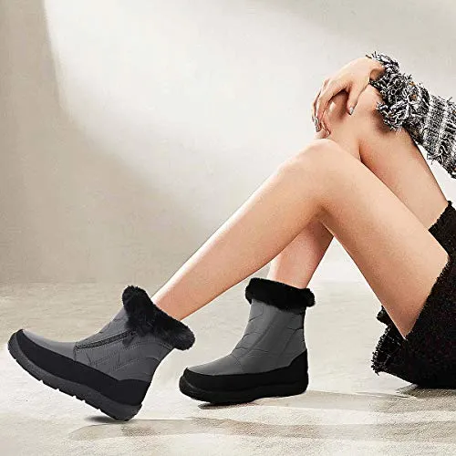 gracosy Snow Boots for Women, Warm Ankle Boots Waterproof Outdoor Slip On Fur Lined Winter Short Booties Anti-Slip Comfort Zipper Shoes Grey 8 Women