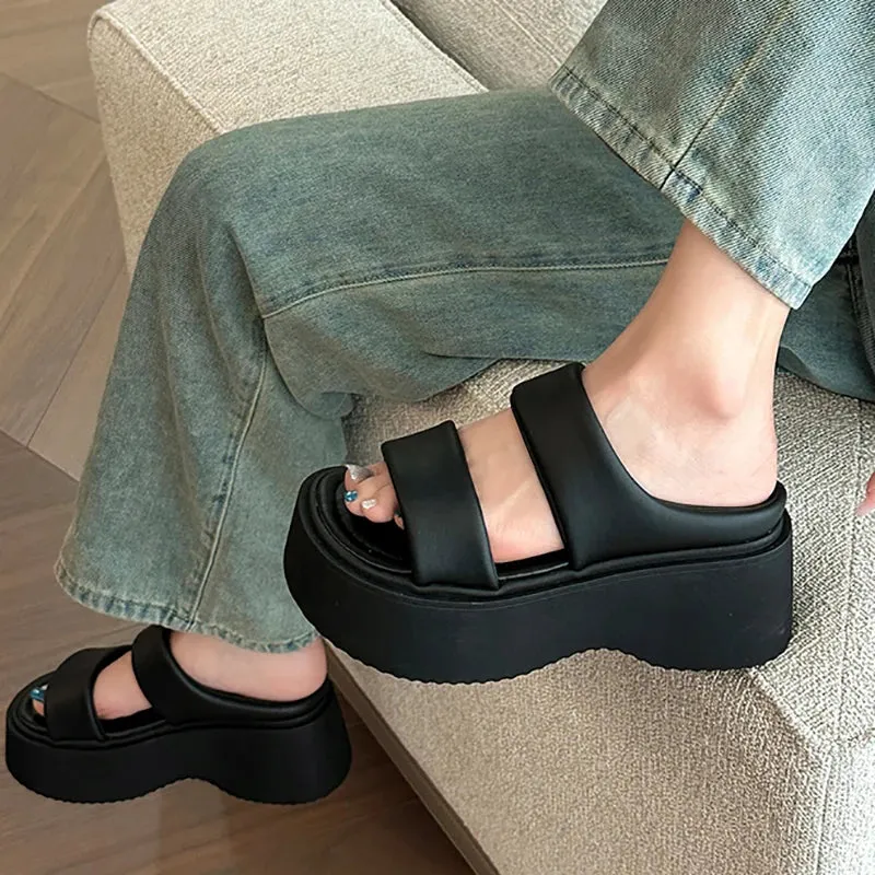 Hnzxzm Summer Chunky Women Slipper Fashion Open Toe Slip On Ladies Elegant Platform Flats Slides Soft Flat Beach Sandal Shoes