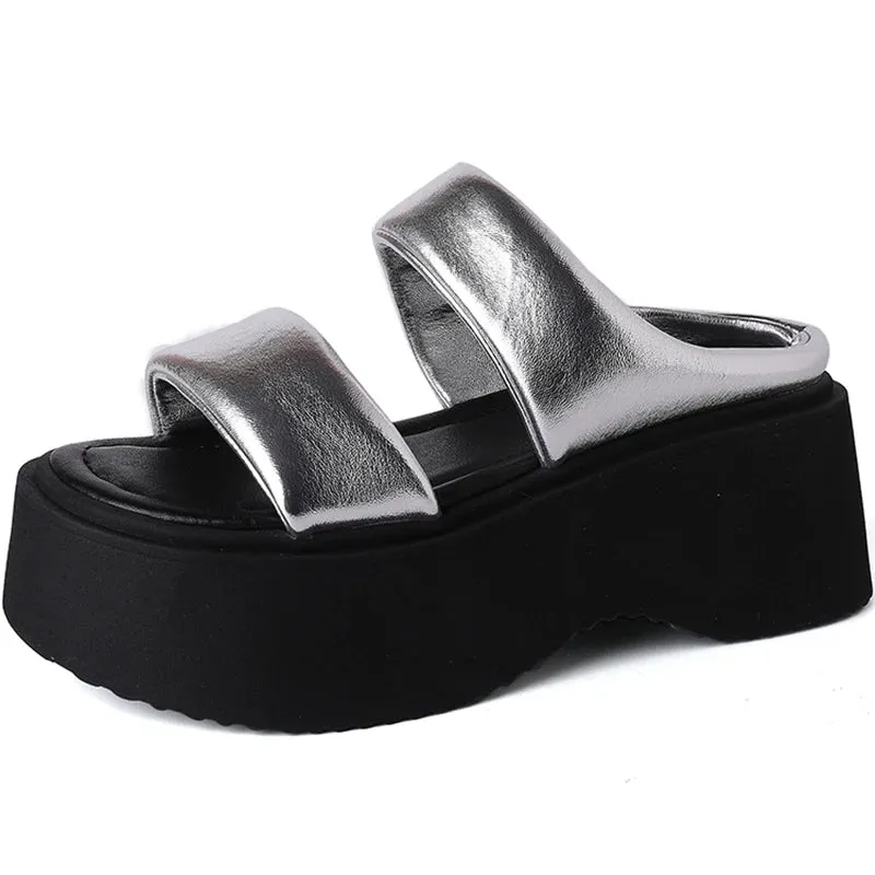 Hnzxzm Summer Chunky Women Slipper Fashion Open Toe Slip On Ladies Elegant Platform Flats Slides Soft Flat Beach Sandal Shoes