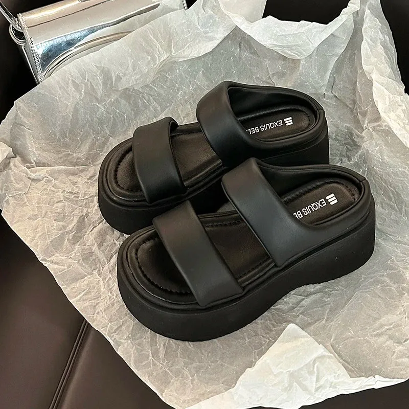 Hnzxzm Summer Chunky Women Slipper Fashion Open Toe Slip On Ladies Elegant Platform Flats Slides Soft Flat Beach Sandal Shoes