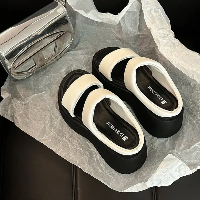 Hnzxzm Summer Chunky Women Slipper Fashion Open Toe Slip On Ladies Elegant Platform Flats Slides Soft Flat Beach Sandal Shoes