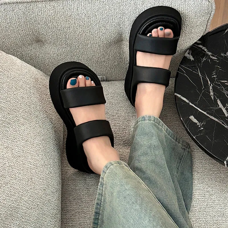 Hnzxzm Summer Chunky Women Slipper Fashion Open Toe Slip On Ladies Elegant Platform Flats Slides Soft Flat Beach Sandal Shoes