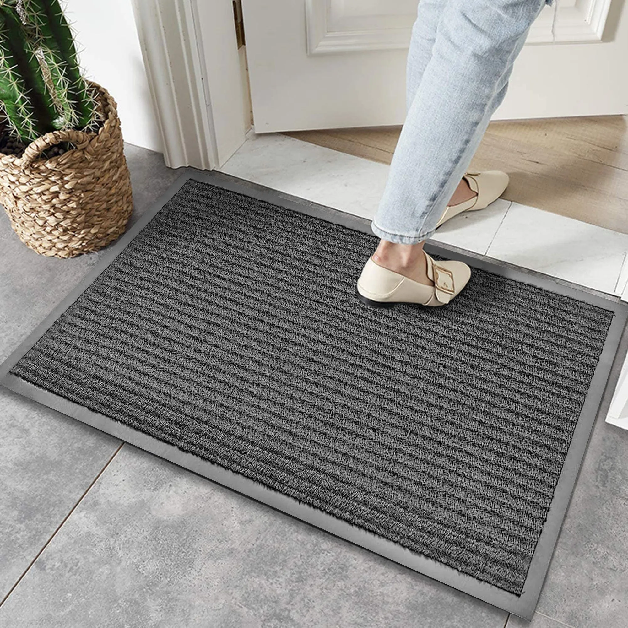 Indoor Outdoor Front Door Mat - 30" x 17" Non Slip Dirt Trapper Entry Rug - 2 Pack Gray
