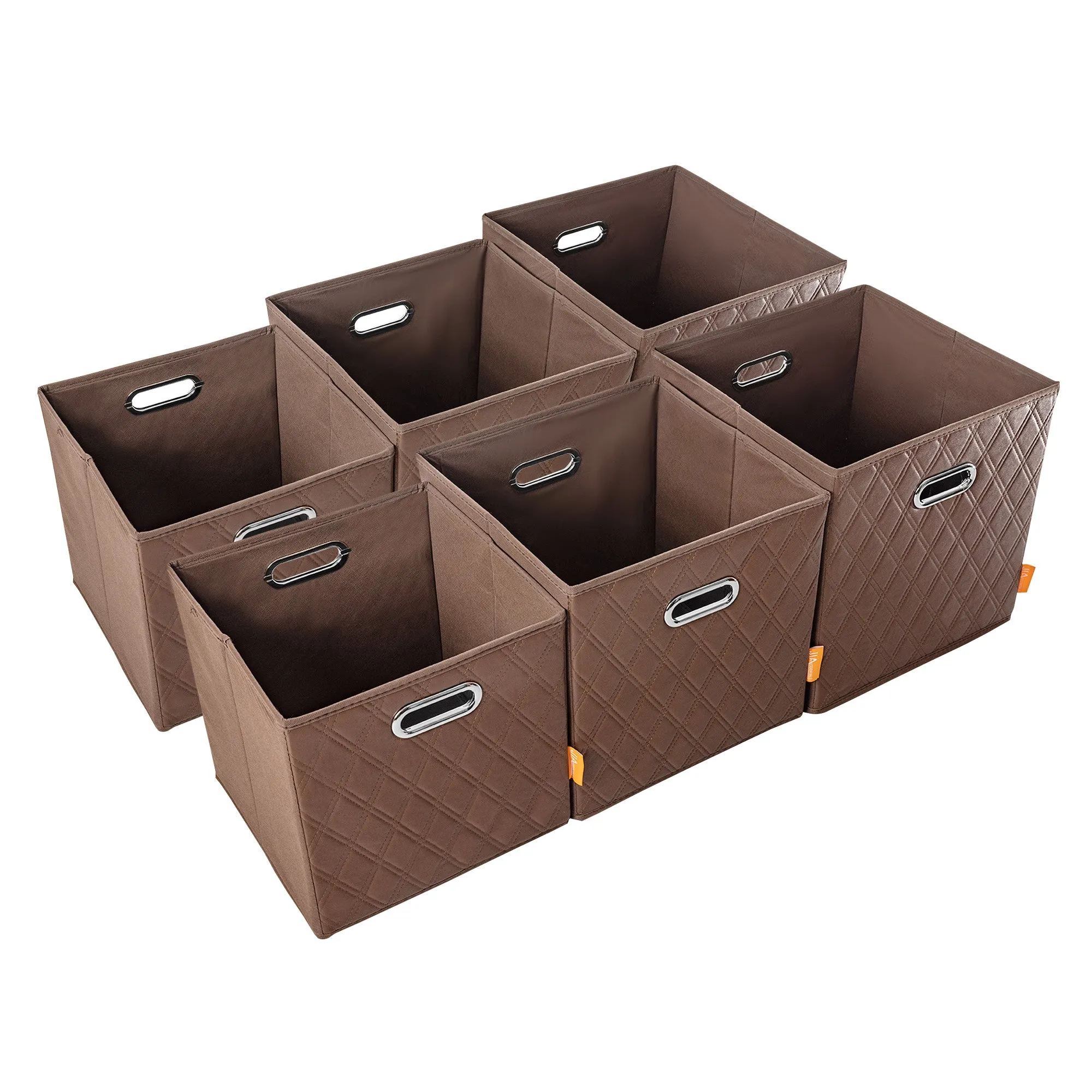 JIAessentials 12 inch Foldable Diamond Patterned Faux Leather Storage Cube Bins Set of Two with Dual Handles - 12" Brown