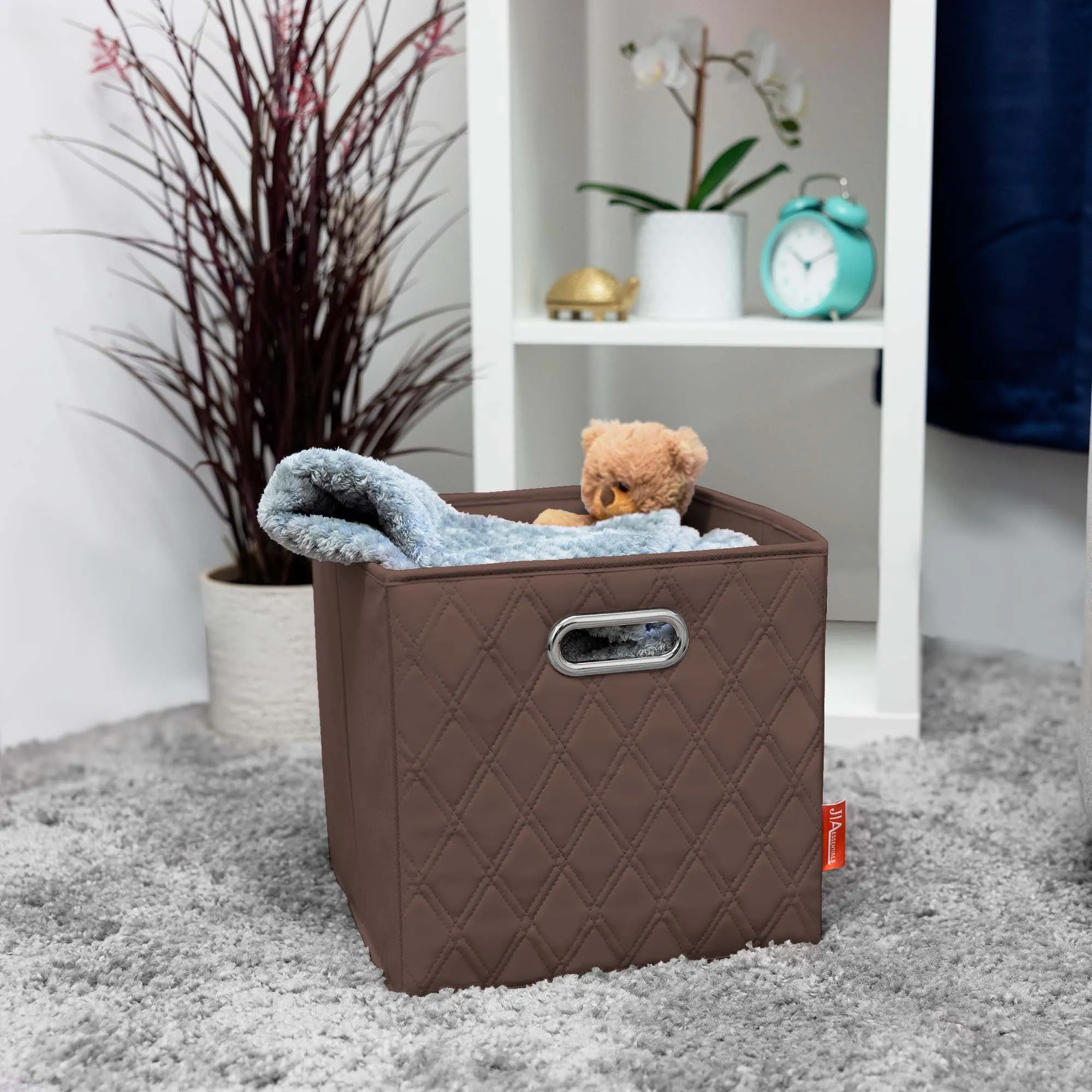 JIAessentials 12 inch Foldable Diamond Patterned Faux Leather Storage Cube Bins Set of Two with Dual Handles - 12" Brown