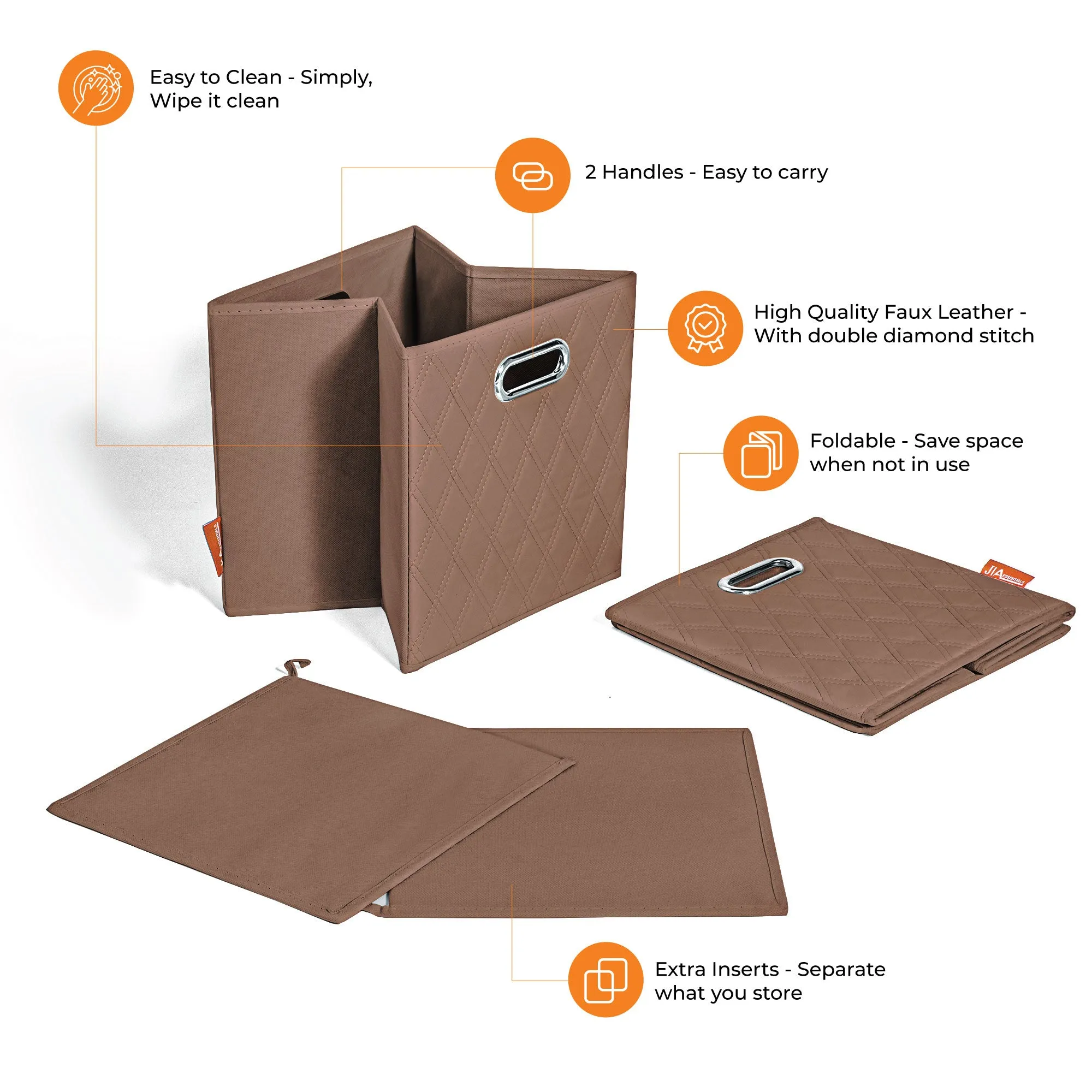 JIAessentials 12 inch Foldable Diamond Patterned Faux Leather Storage Cube Bins Set of Two with Dual Handles - 12" Brown