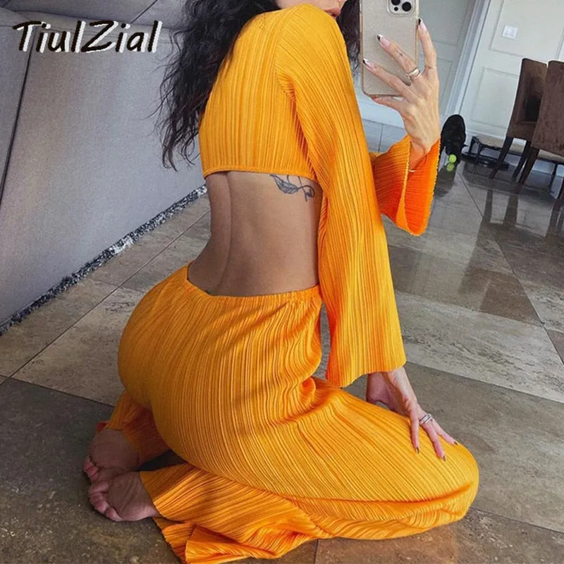 Joskaa Backless Pleated Jumpsuit Women High Waist Sexy Club Party Long Romper 2024 Beach Holiday Full Overall Woman Outfit