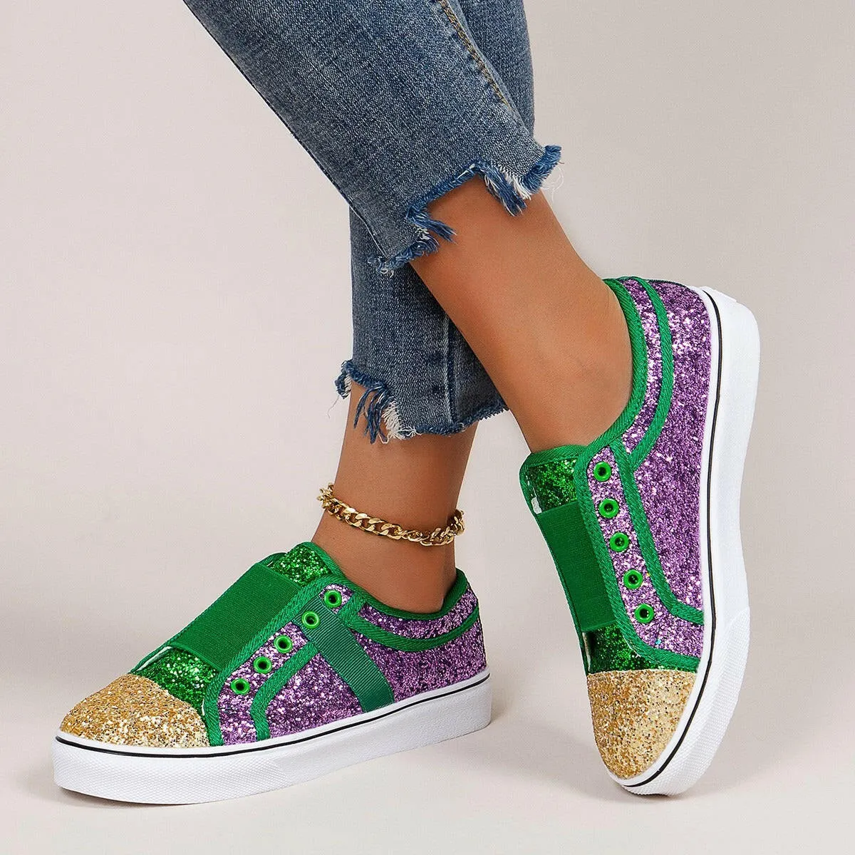 Large Size Canvas Low-Top Shallow Mouth Sequin Shoes