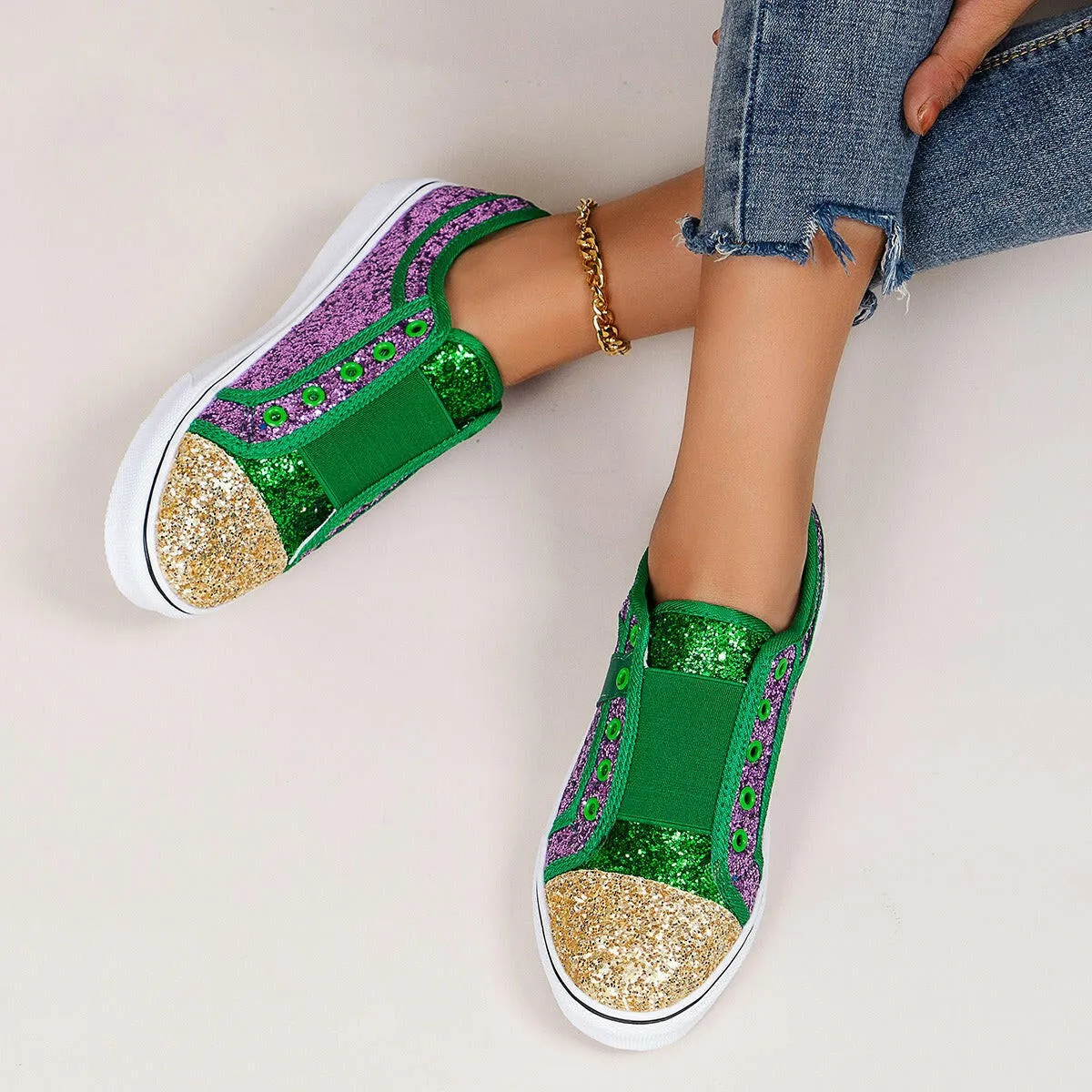 Large Size Canvas Low-Top Shallow Mouth Sequin Shoes