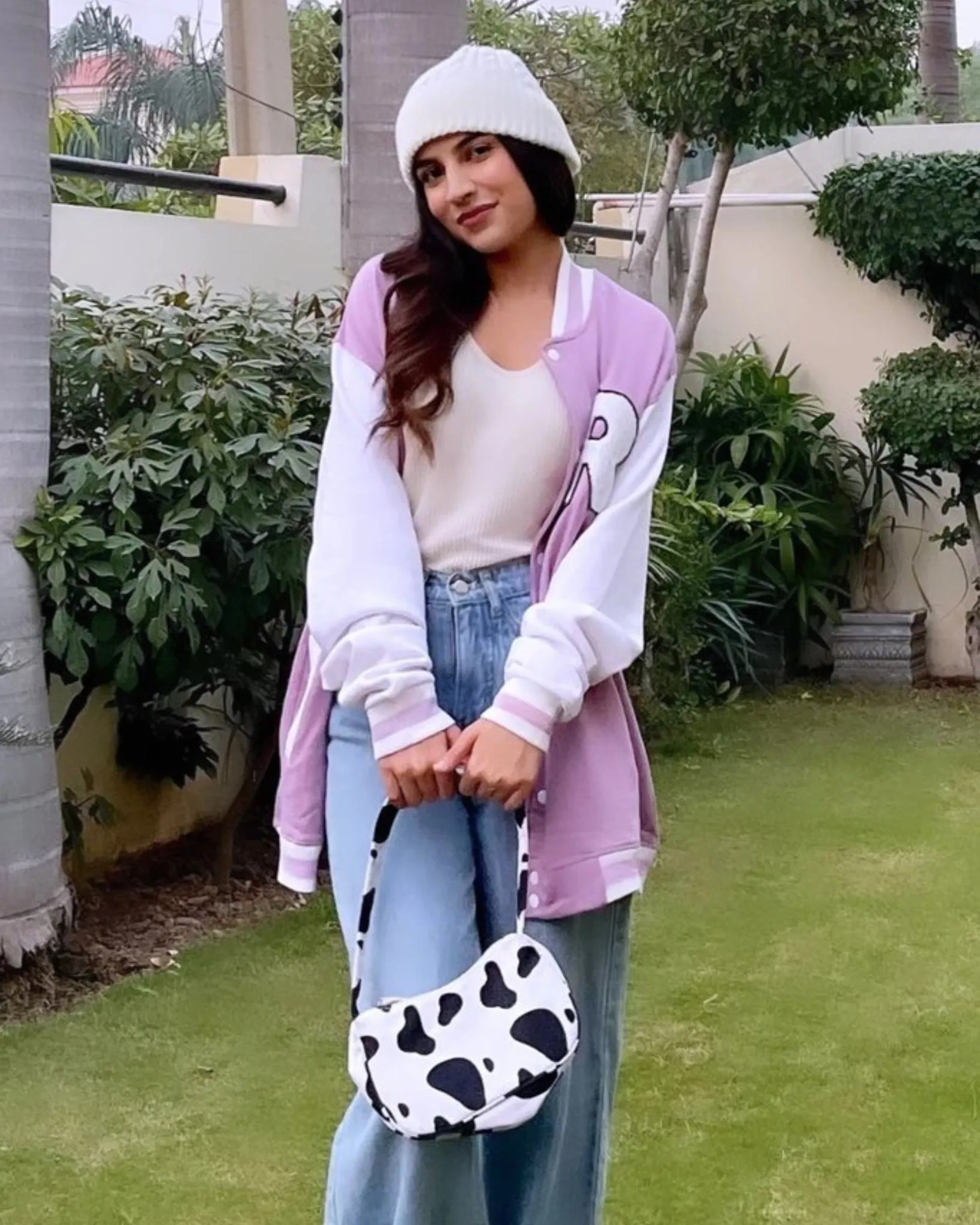 Lavender R Patched Button Down Baseball Varsity Bomber Jacket