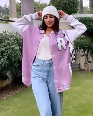 Lavender R Patched Button Down Baseball Varsity Bomber Jacket