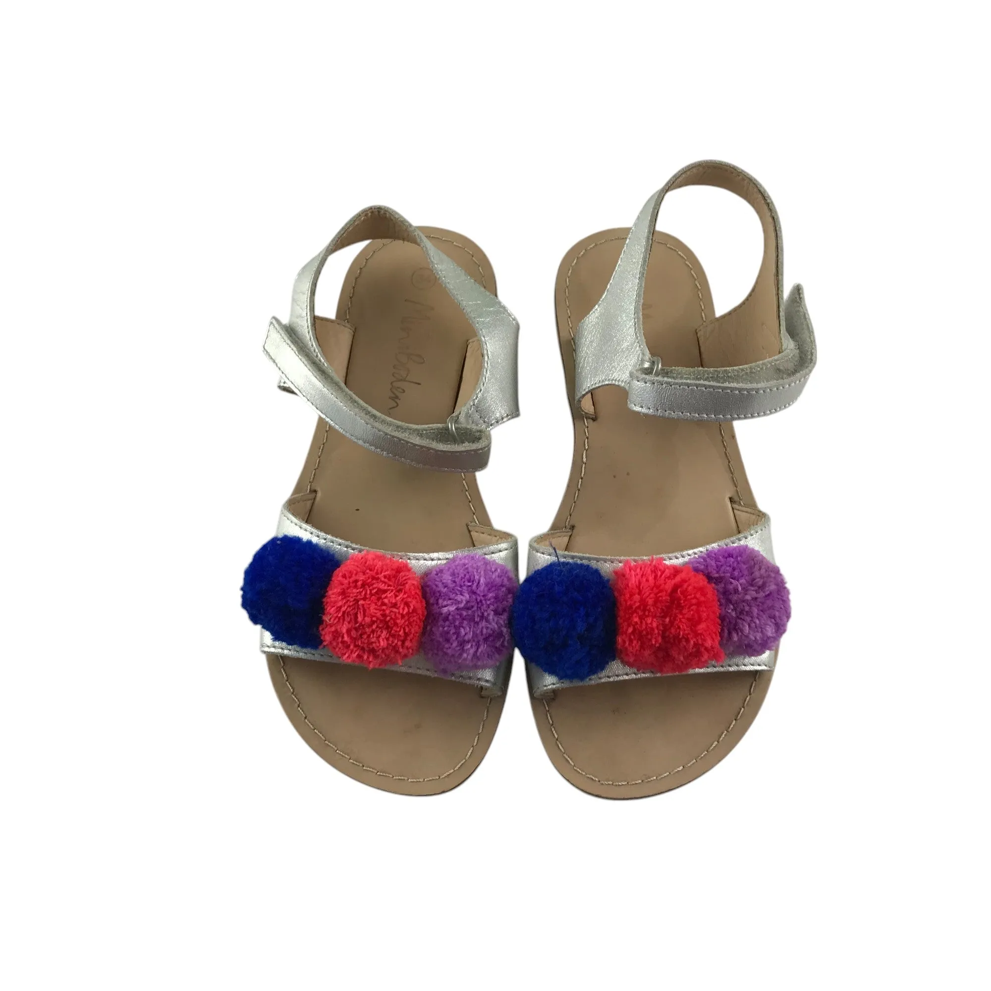 Mini Boden sandals shoe size 2 silver straps with fluffy pom pom