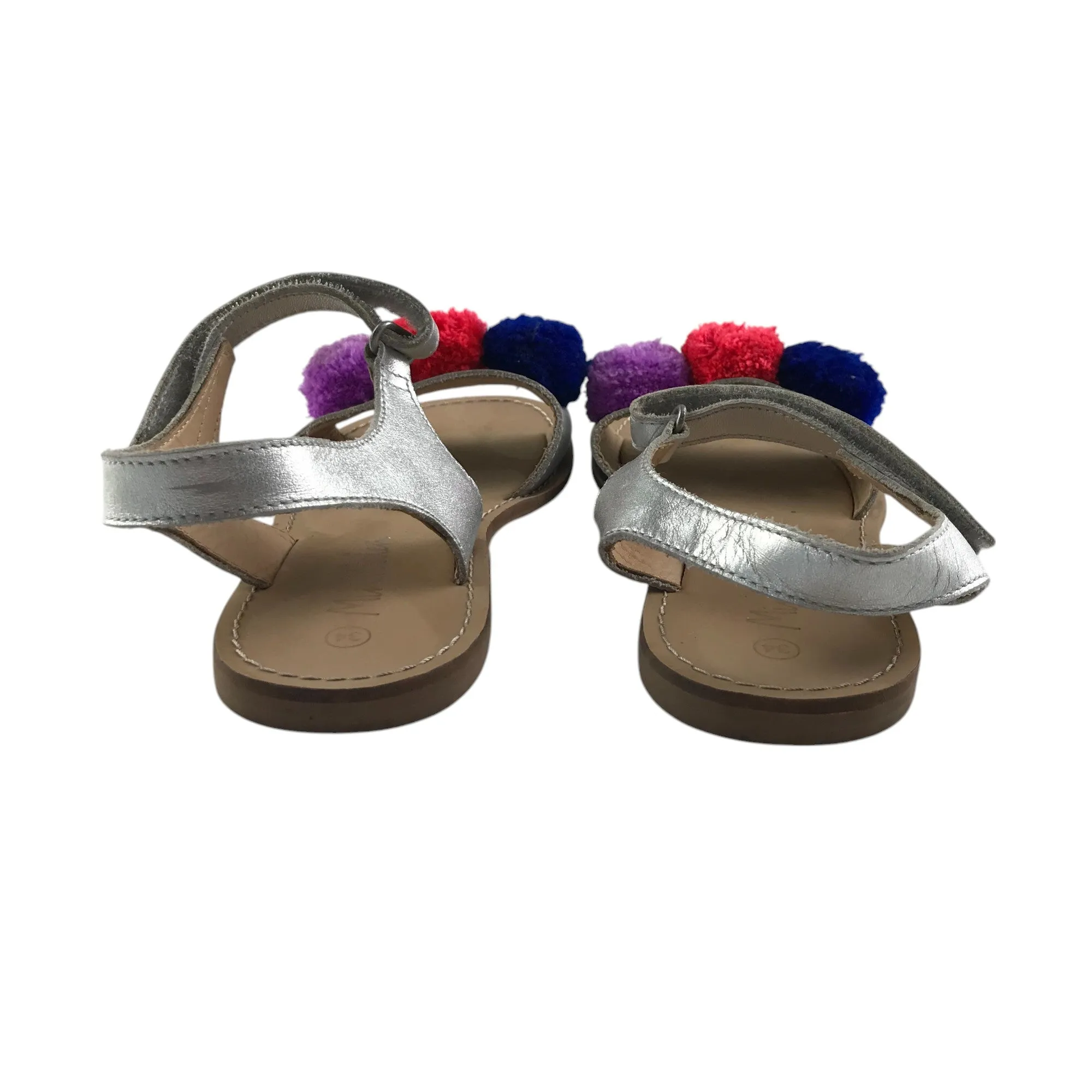 Mini Boden sandals shoe size 2 silver straps with fluffy pom pom