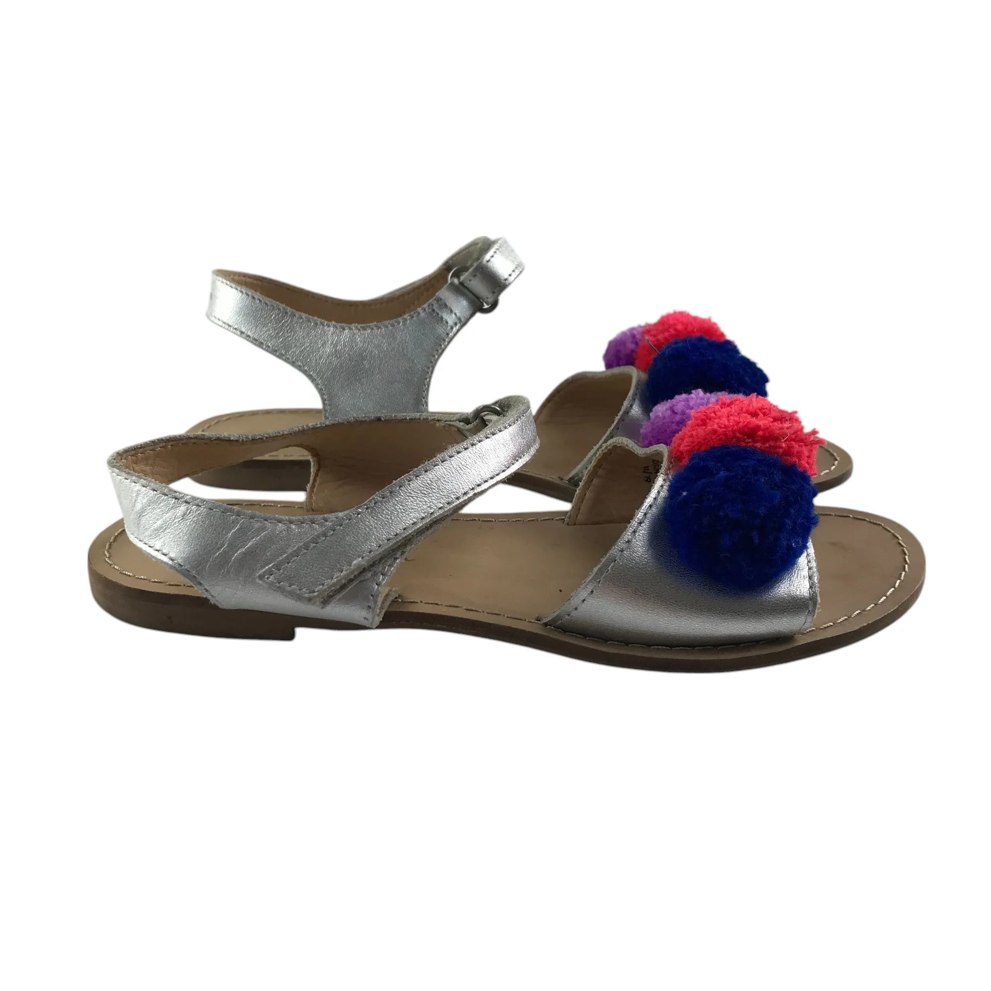 Mini Boden sandals shoe size 2 silver straps with fluffy pom pom