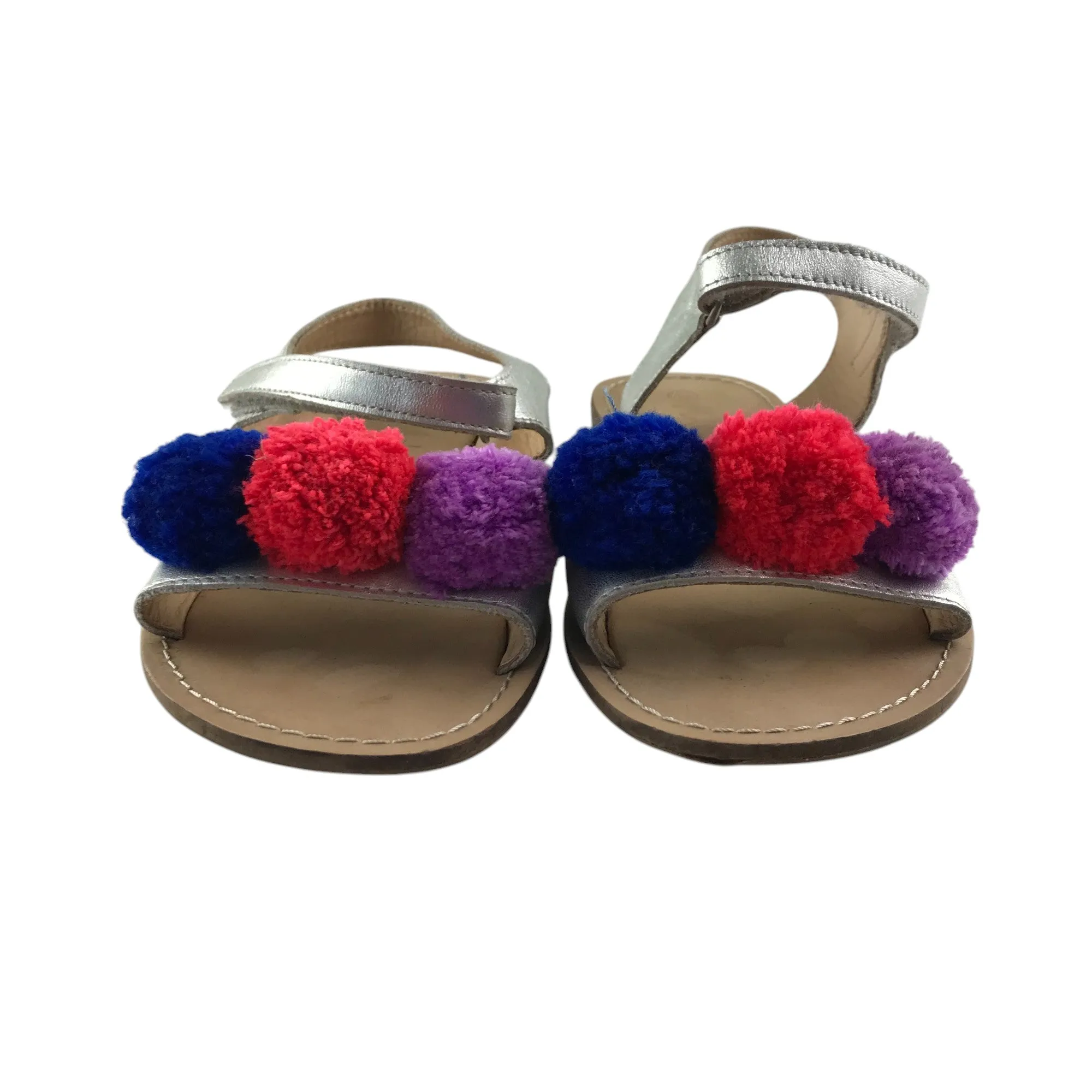 Mini Boden sandals shoe size 2 silver straps with fluffy pom pom