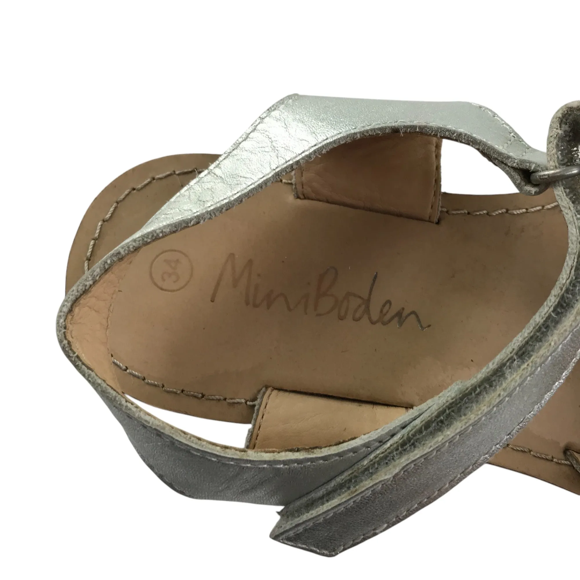 Mini Boden sandals shoe size 2 silver straps with fluffy pom pom
