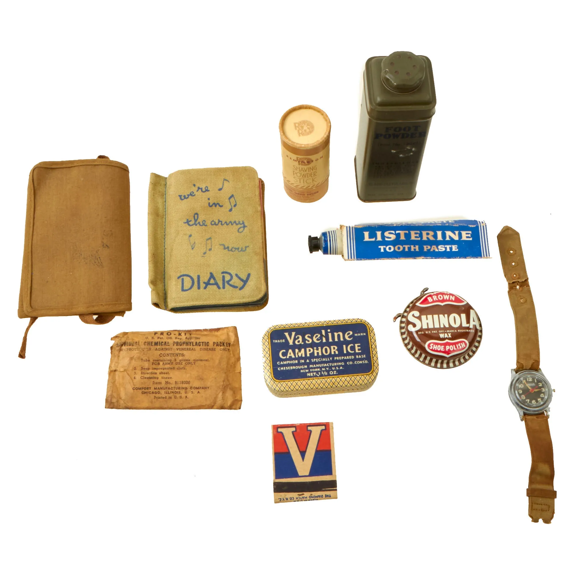 Original U.S. WWII US Army Personal Effects Lot Featuring Misalla Ltd “PX Watch” and Diary For Pvt. Ernest Bassett, US Army Signal Corps - 10 Items