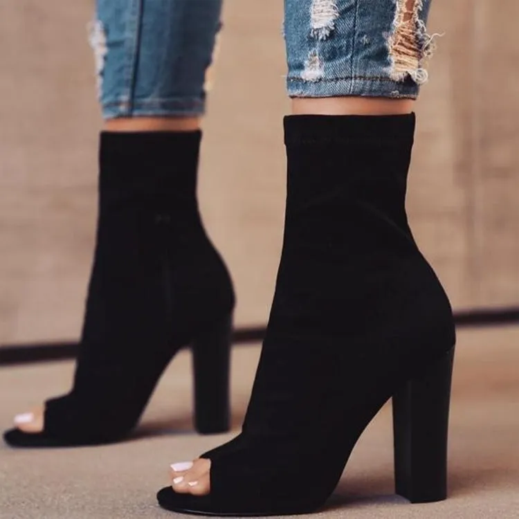 Pretty Peep Toe Stretch Fabric Women's Autumn Shoes Square Heel Open Toe Women's High Heel Boots