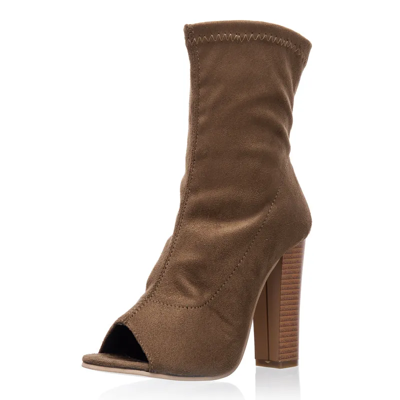 Pretty Peep Toe Stretch Fabric Women's Autumn Shoes Square Heel Open Toe Women's High Heel Boots