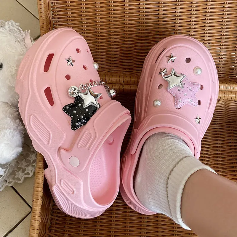 Sohiwoo Women's Hole Shoes Y2K Thick Soled High Heels Garden Shoes Summer Anti Slip Accessories Hole Shoes Beach Sandals Slippers