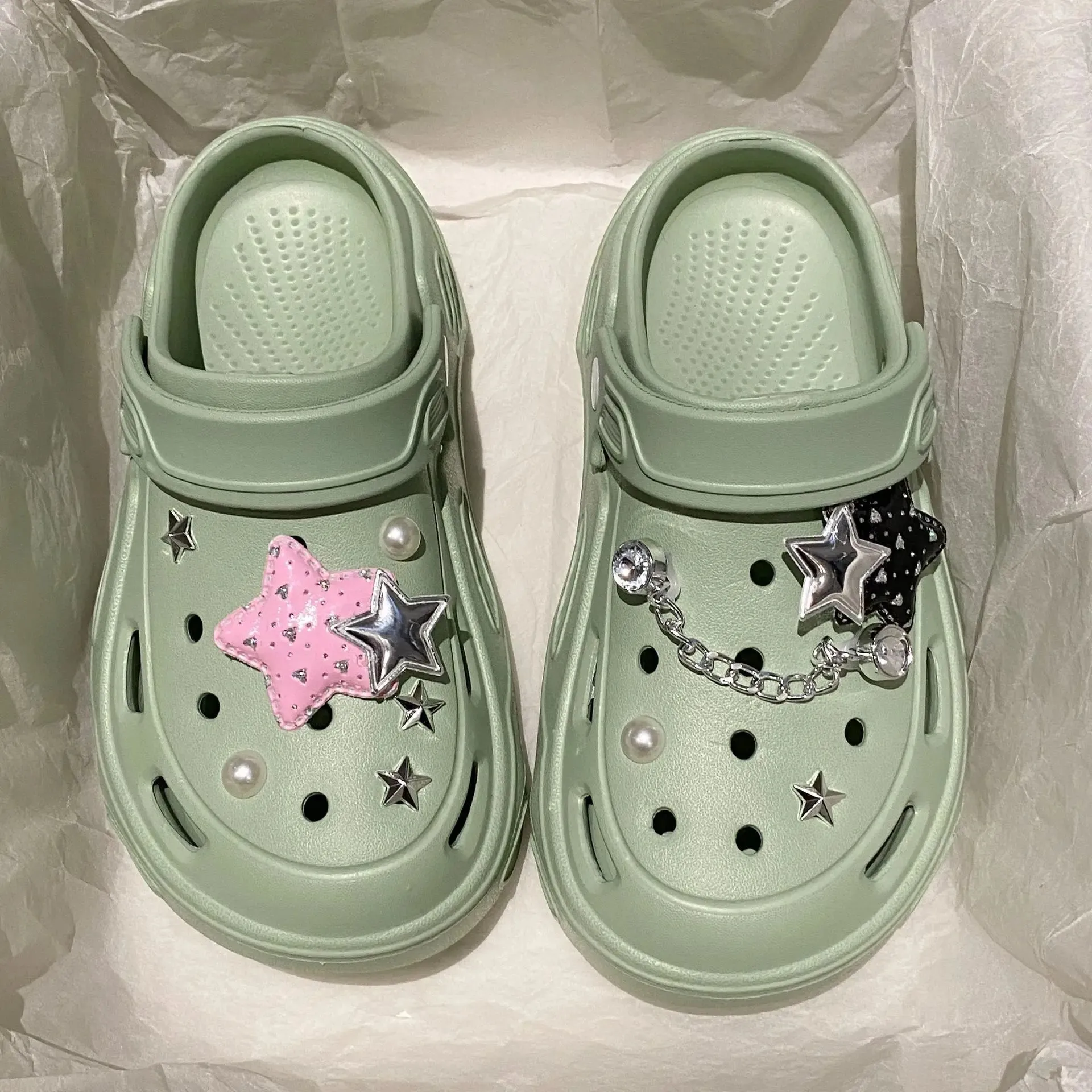 Sohiwoo Women's Hole Shoes Y2K Thick Soled High Heels Garden Shoes Summer Anti Slip Accessories Hole Shoes Beach Sandals Slippers