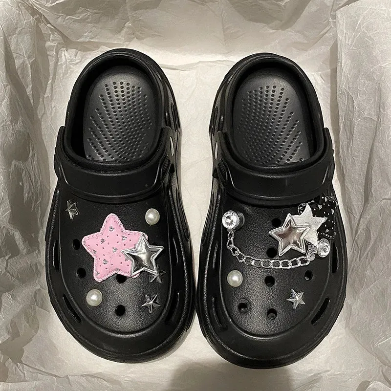 Sohiwoo Women's Hole Shoes Y2K Thick Soled High Heels Garden Shoes Summer Anti Slip Accessories Hole Shoes Beach Sandals Slippers