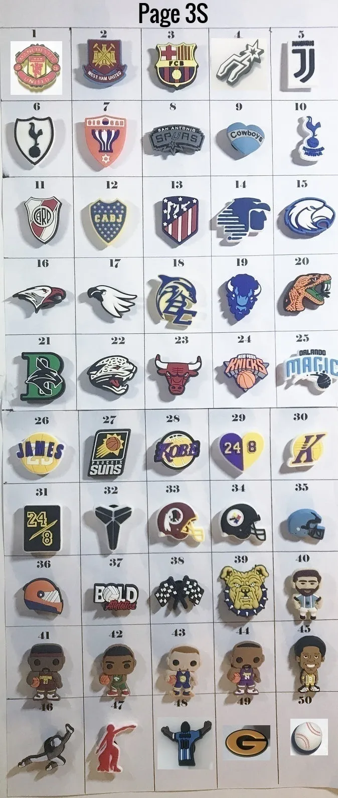 Sports themed shoe charms, football, basketball, soccer, teams