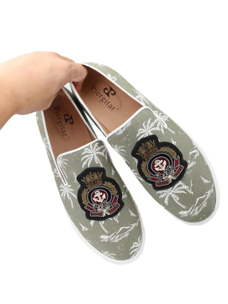 Summer new beach style army green canvas men's casual sneakers handmade Indian silk badge white thick-soled shoes