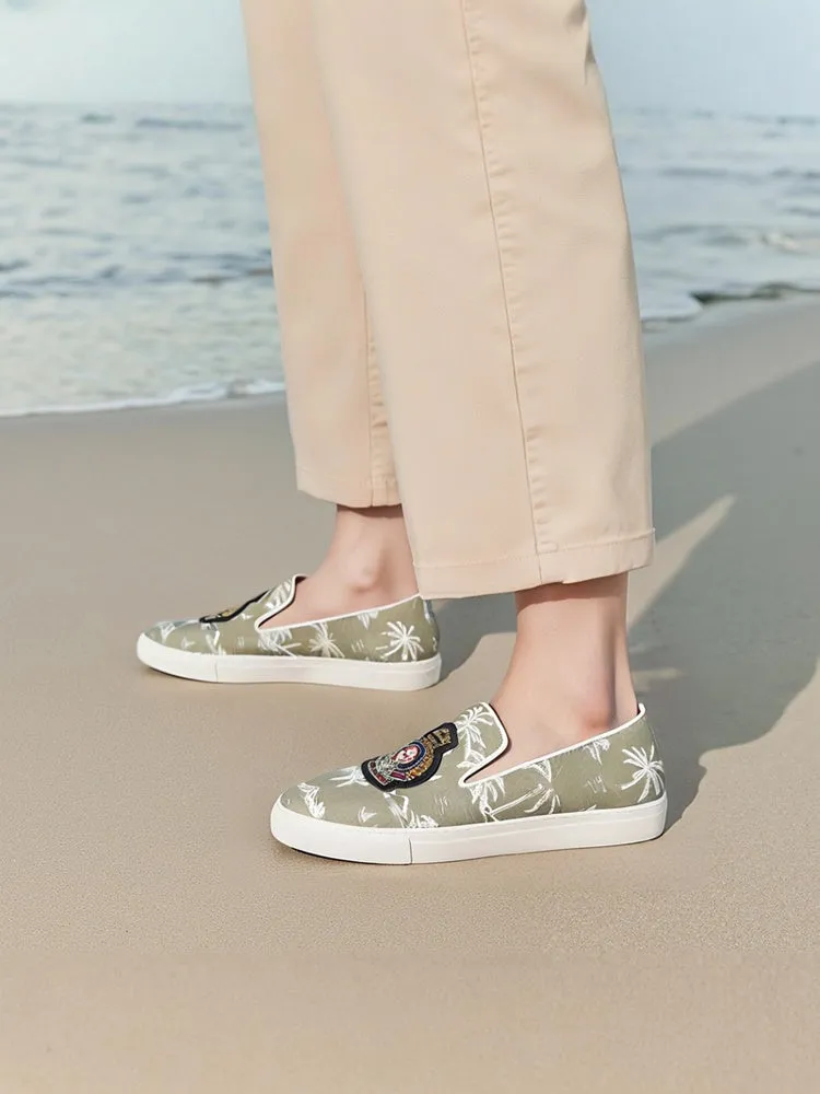 Summer new beach style army green canvas men's casual sneakers handmade Indian silk badge white thick-soled shoes