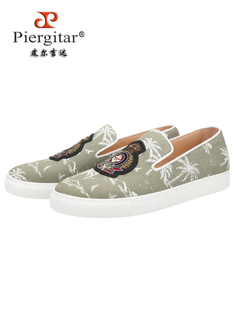 Summer new beach style army green canvas men's casual sneakers handmade Indian silk badge white thick-soled shoes