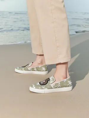 Summer new beach style army green canvas men's casual sneakers handmade Indian silk badge white thick-soled shoes