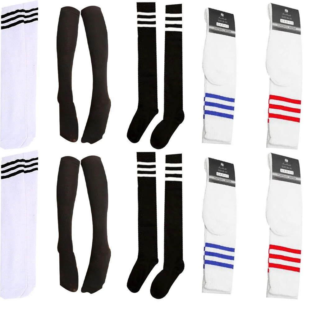 US 5-10 Pairs 13.7 Inch Striped Tube Socks Non-Slip Ribbed Cuffs Knee High Socks
