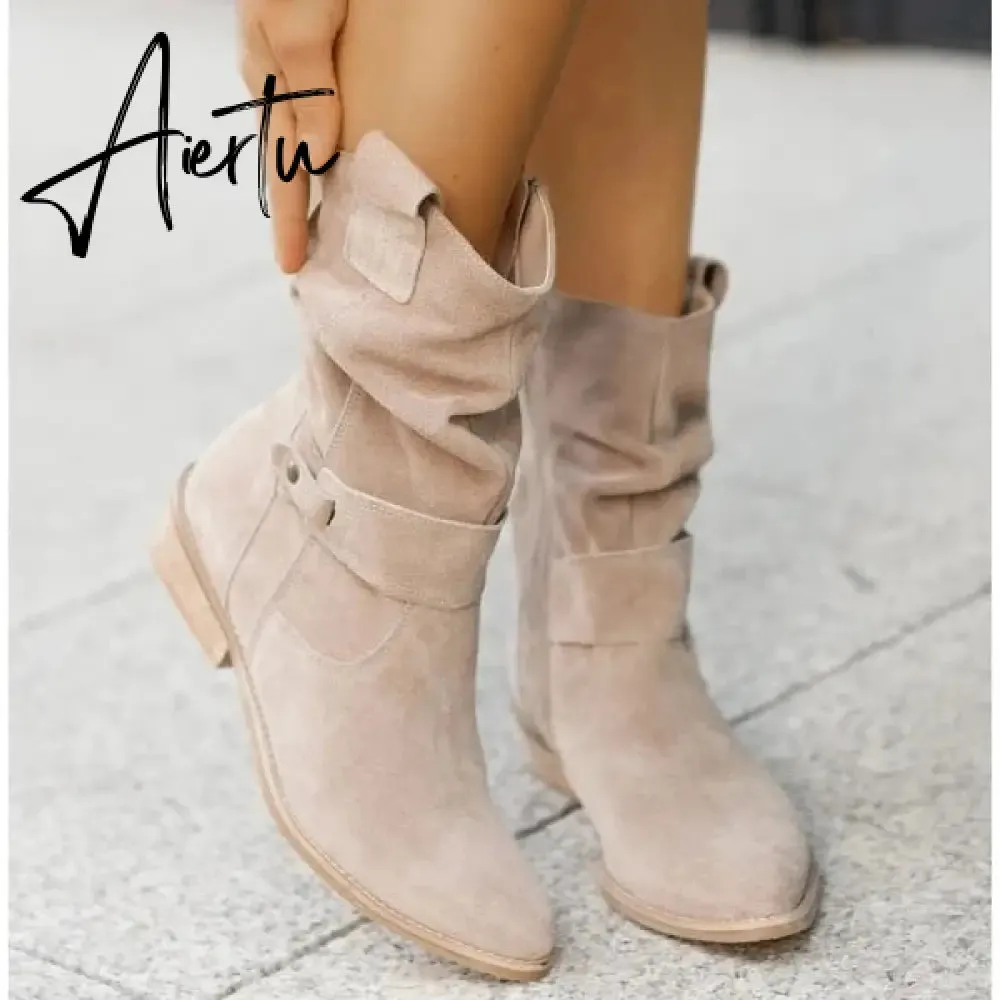 Winter Warm Suede Women Boots Vintage Zipper Shoes Buckle Lady Mid-Calf Boot Outdoor Thick Low Heel Female Pointed Booties