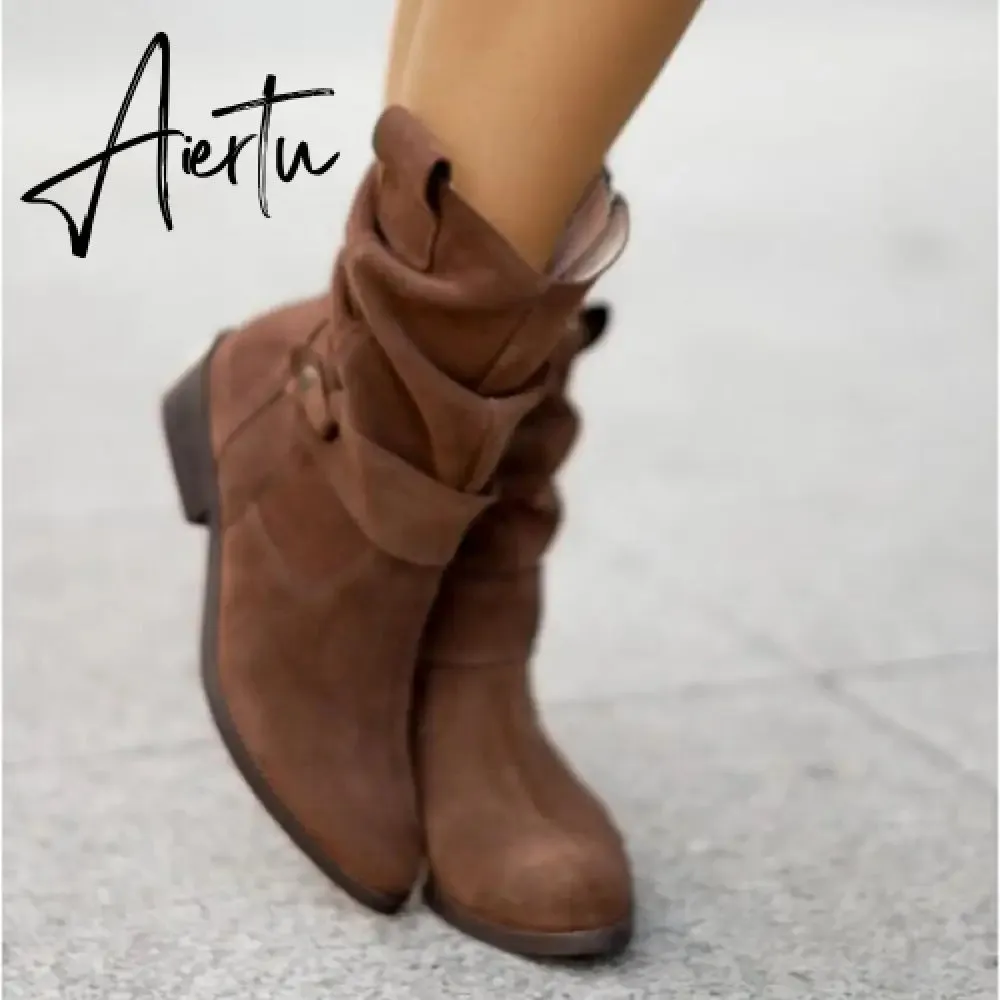 Winter Warm Suede Women Boots Vintage Zipper Shoes Buckle Lady Mid-Calf Boot Outdoor Thick Low Heel Female Pointed Booties