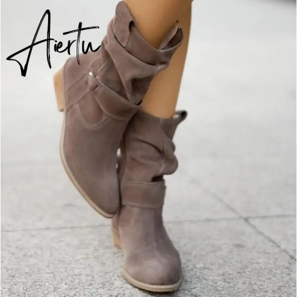 Winter Warm Suede Women Boots Vintage Zipper Shoes Buckle Lady Mid-Calf Boot Outdoor Thick Low Heel Female Pointed Booties