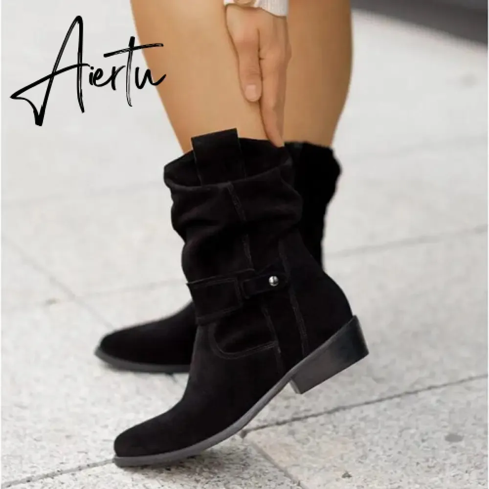 Winter Warm Suede Women Boots Vintage Zipper Shoes Buckle Lady Mid-Calf Boot Outdoor Thick Low Heel Female Pointed Booties