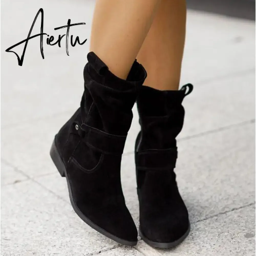 Winter Warm Suede Women Boots Vintage Zipper Shoes Buckle Lady Mid-Calf Boot Outdoor Thick Low Heel Female Pointed Booties